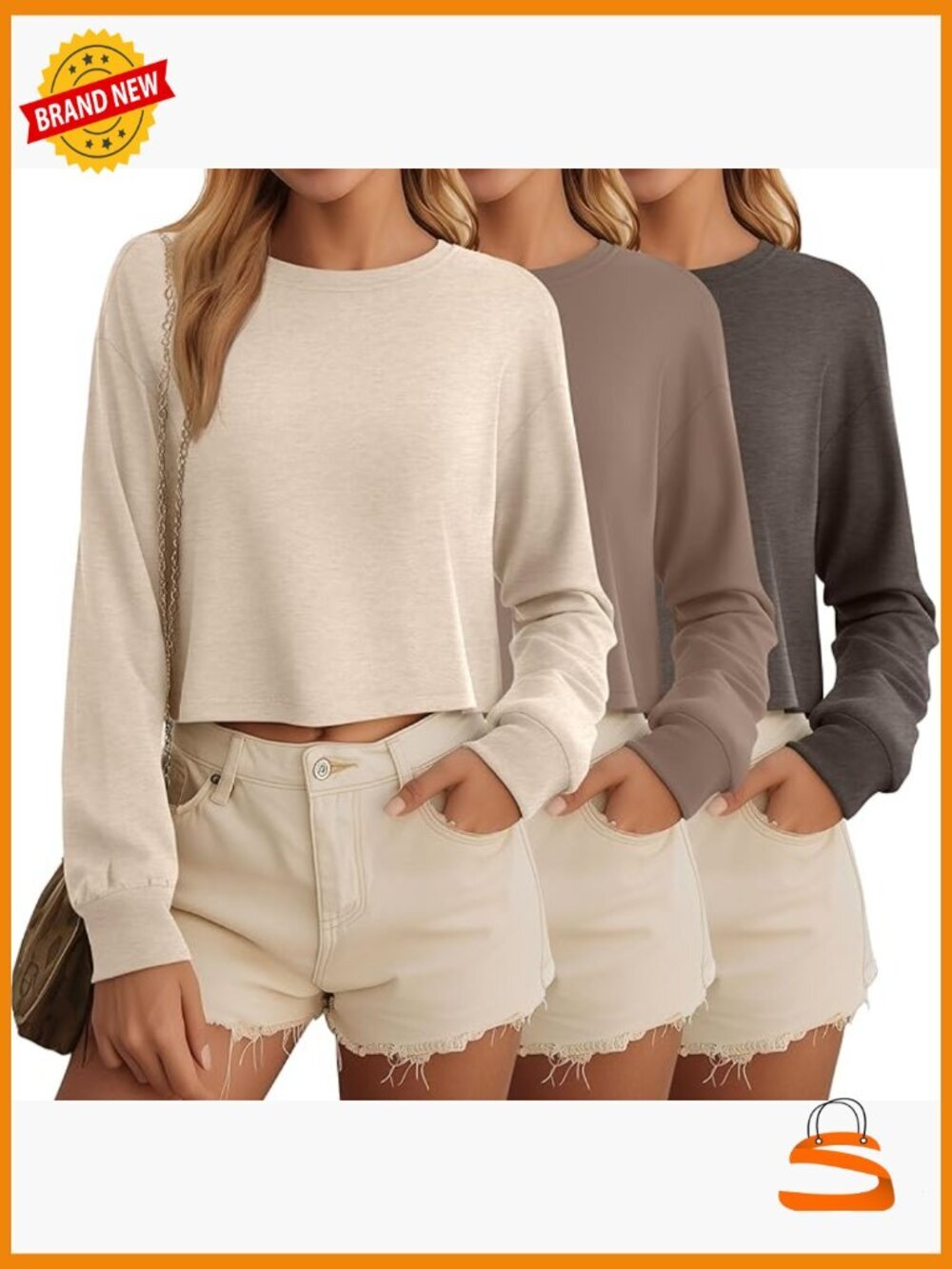 3 Pack Cotton Cropped Long Sleeve Tops with Crew Neck and Drop Shoulder Loose